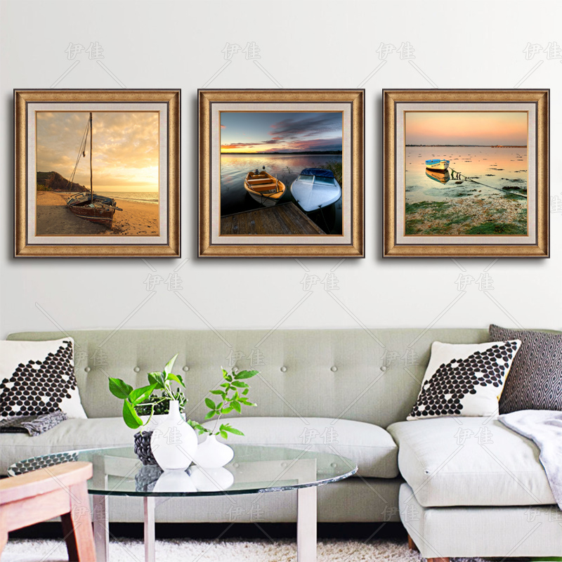 热销客厅装饰画三联画美式挂画玄关壁画现代沙发背景画海风景墙画