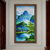 手绘风景山水挂画走廊过道 复古竖版 热销大芬村油画玄关装 饰画美式