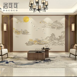 热销新中式山水电视背景墙壁纸卧室沙发仙鹤墙纸影视墙布定制壁画