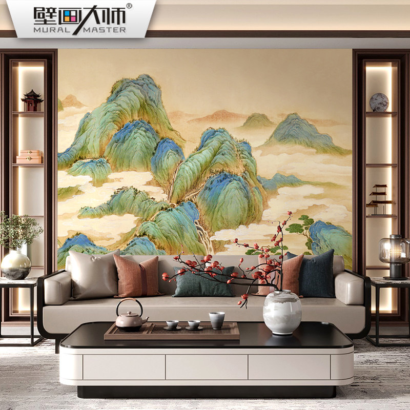 热销国画青绿山水壁纸新中式电视背景墙壁纸客厅壁布沙发影视墙布