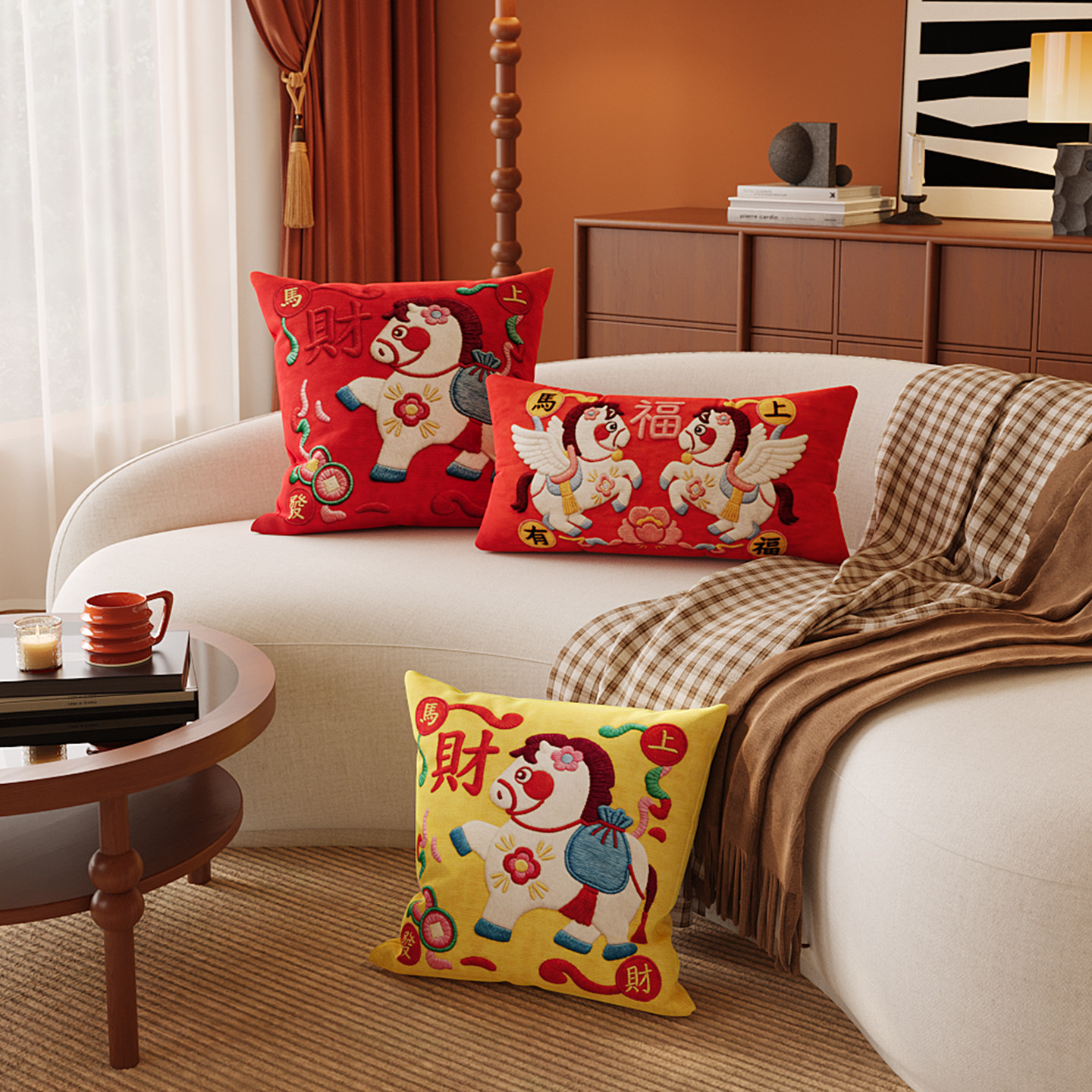 红色小马沙发抱枕床头靠垫客厅氛围感新年装饰沙发腰靠靠背可拆洗,居家布艺,靠垫/抱枕,淘宝优惠券,粉丝福利购,淘宝优惠卷
