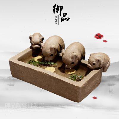 创意紫砂茶宠摆件手工小猪喝水猪槽雕四只猪丰衣足食宜兴茶玩可养