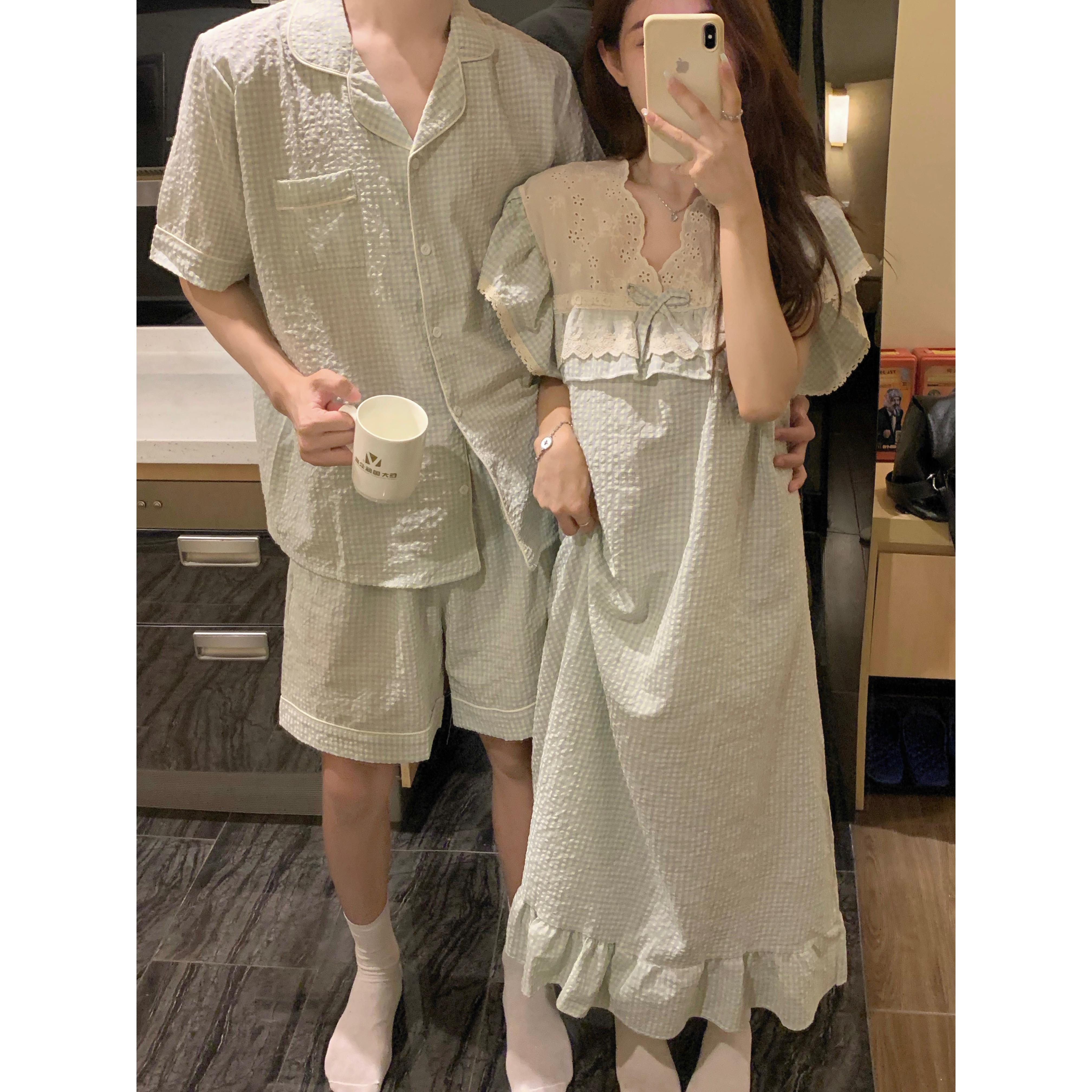 ins情侣睡衣女夏季新款纯棉麻睡衣/家居服套装