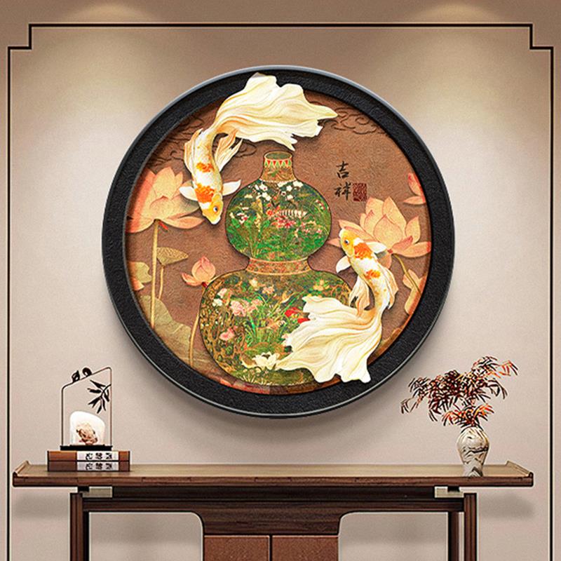 中古风葫芦圆形玄关装饰画复古荷花走廊挂画新中式锦鲤鱼入户壁画图片