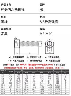 黑色8.8级内六角螺丝钉杯头内六角螺栓M3M4M5M6M8M10M12M14-M16