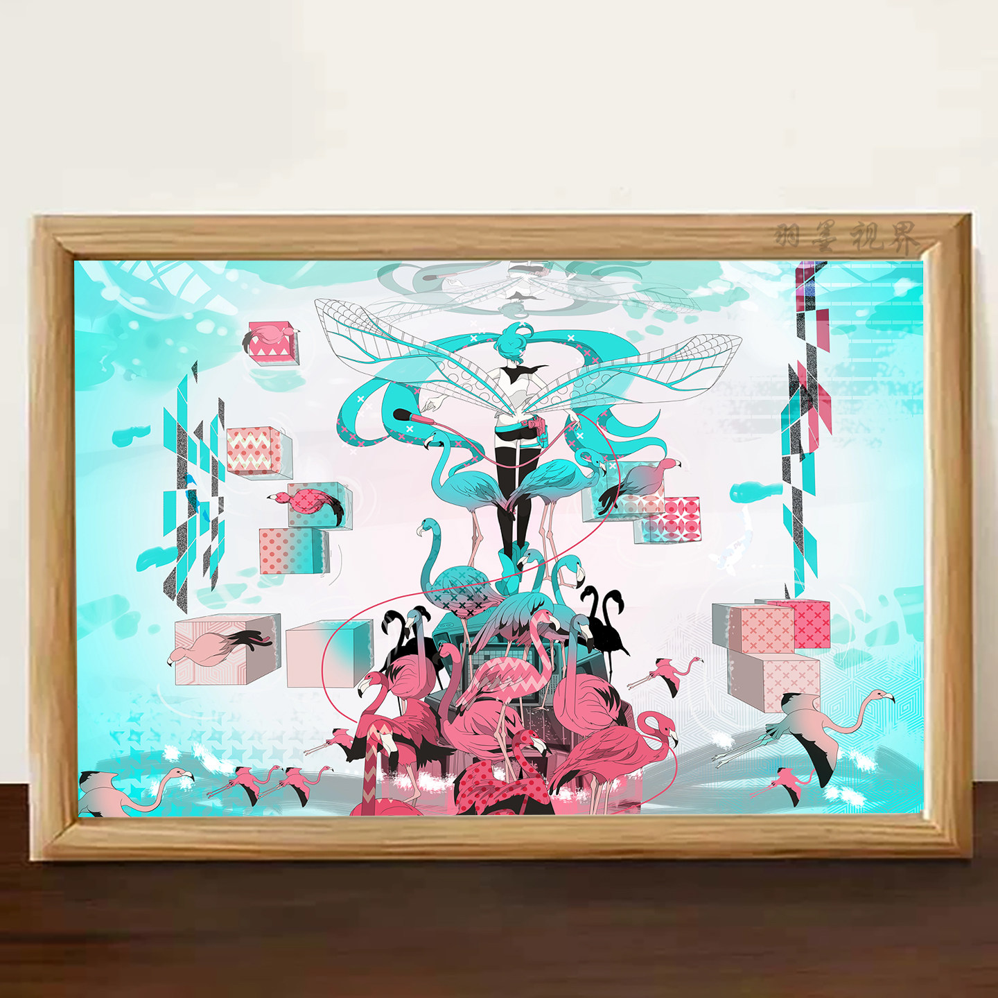 火烈鸟少女抽象艺术装饰画相框