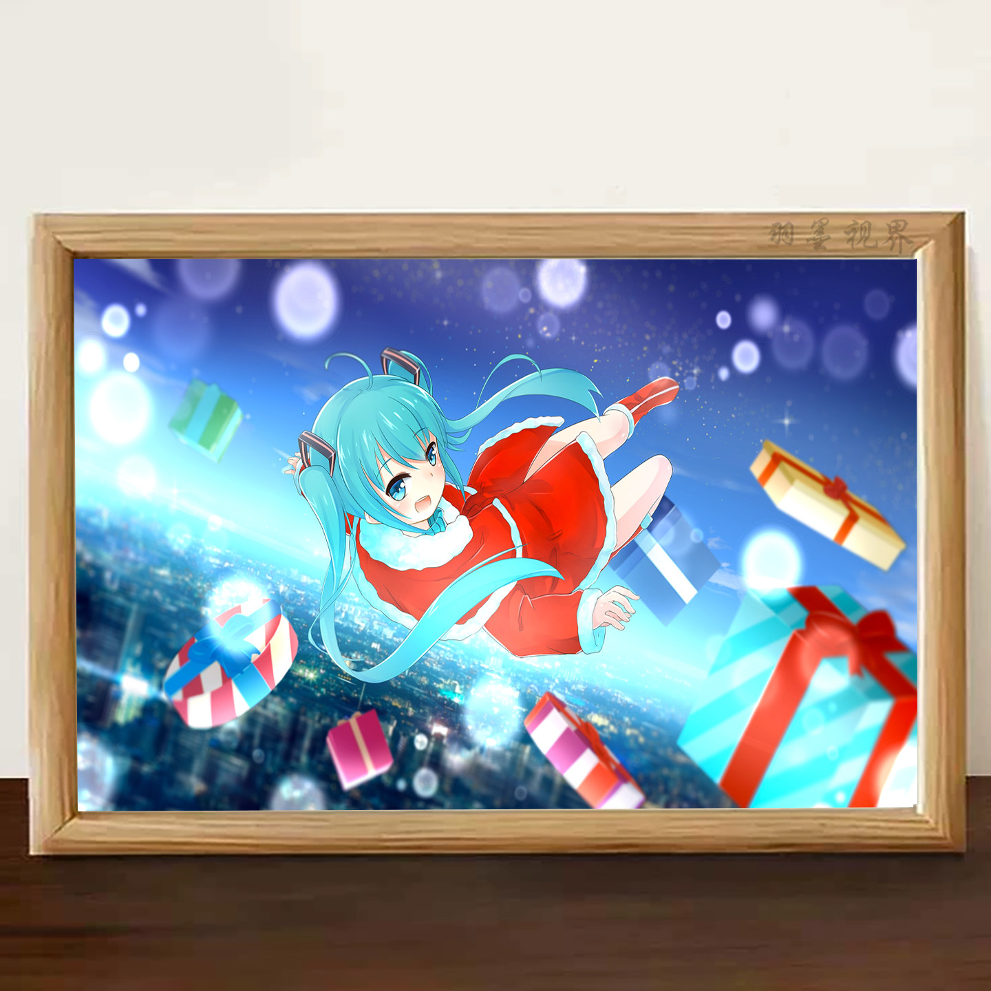初音未来圣诞装城市夜景插画相框动漫周边桌面装饰画礼物
