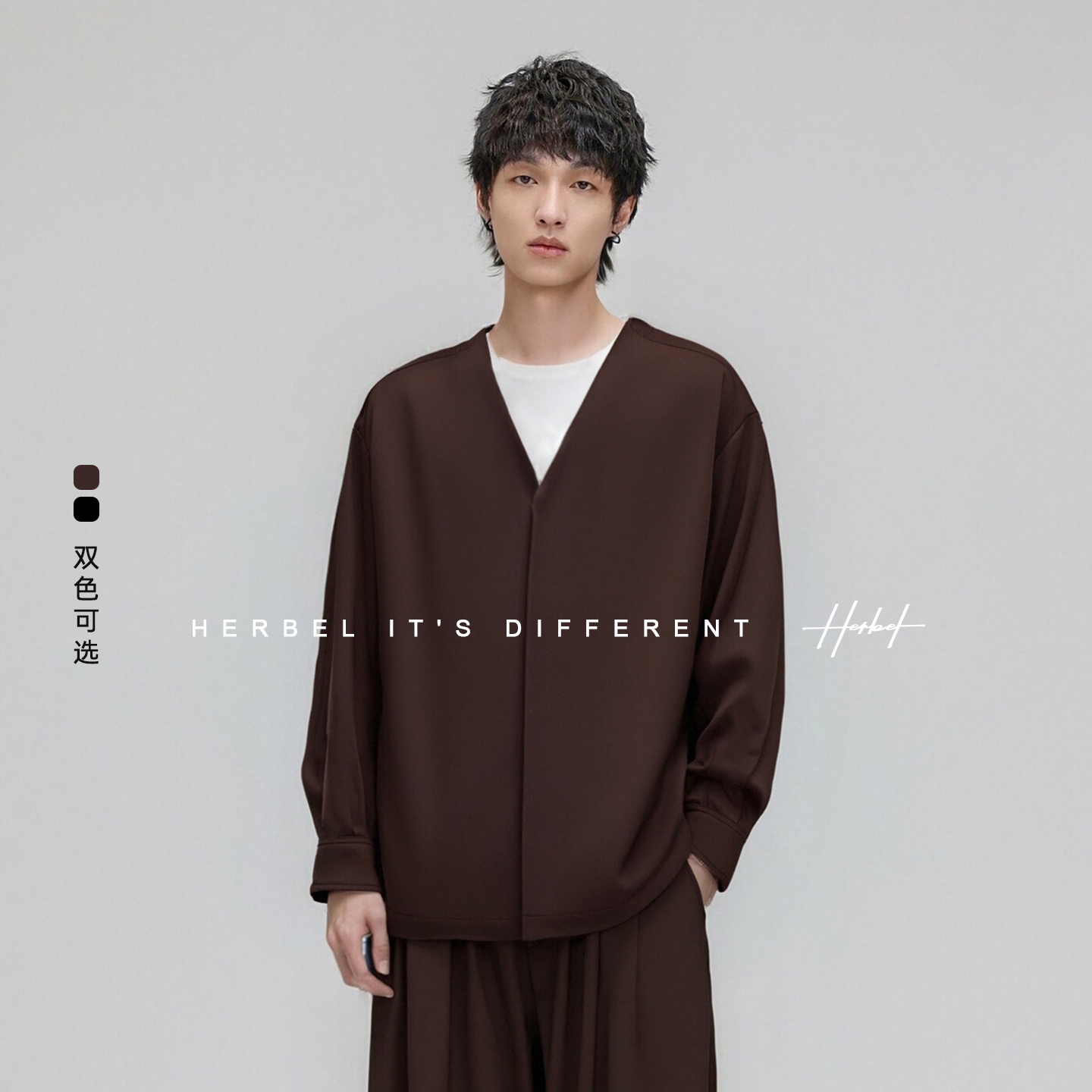 HERBEL/黑白  长袖衬衫男2025年秋季新款宽松休闲百搭v领衬衫套装