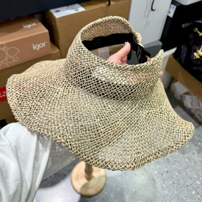 手工编织咸草镂空草编空顶帽女夏度假高级感大帽檐可折叠遮阳草帽
