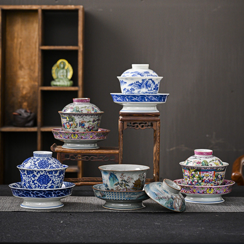 仿古盖碗青花瓷功夫茶具泡茶碗中式高脚大号三才碗陶瓷家用泡茶器