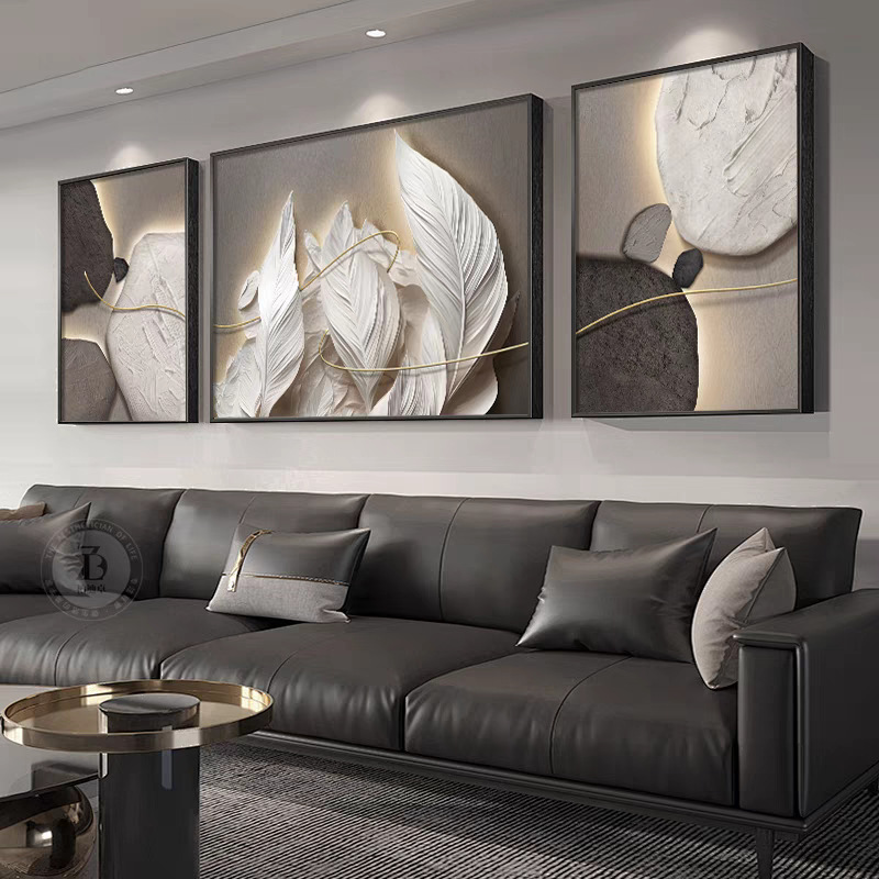 轻奢简约三联客厅挂画抽象沙发背景墙石来运转装饰艺术