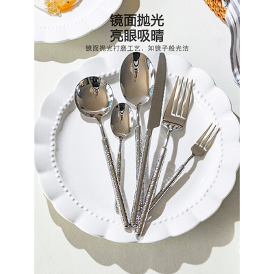 出口外单304不锈钢西餐具牛排刀叉圆钻锤纹实心手柄刀叉勺4件套s^