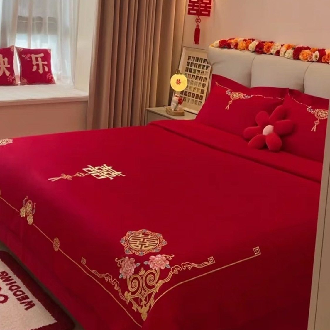 感新款结婚床上用品四件套纯棉陪嫁新房被套红色喜被婚庆床单