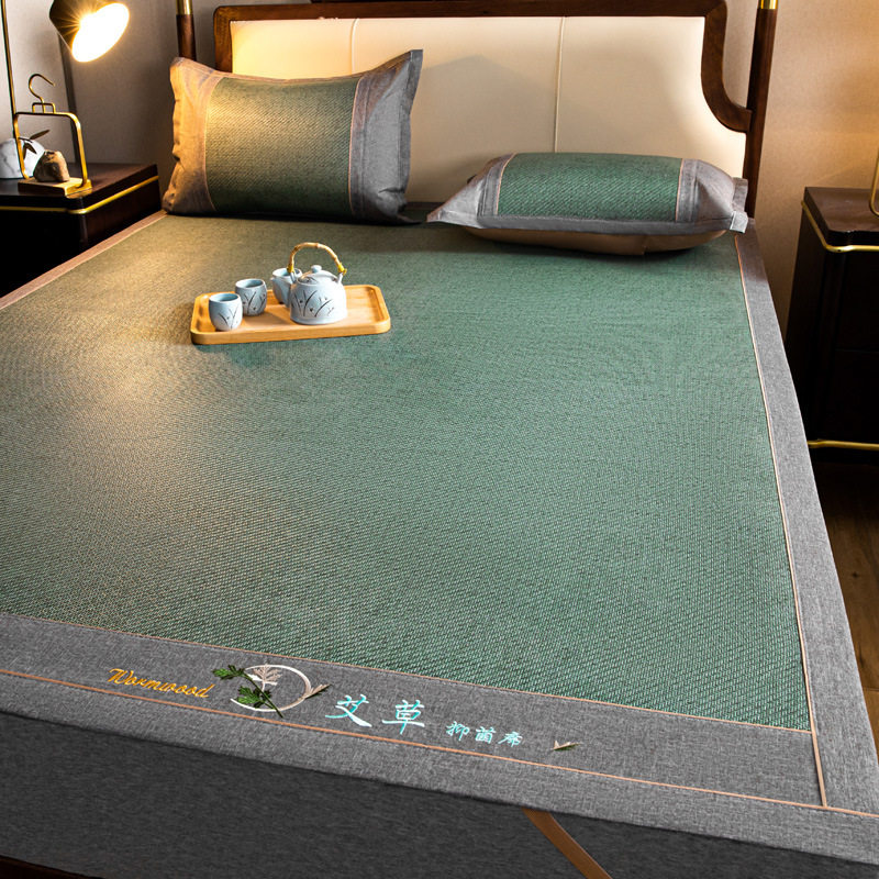 艾草藤席凉席裸睡折叠草席子1.8米床家用冰丝三件套软席折叠便携