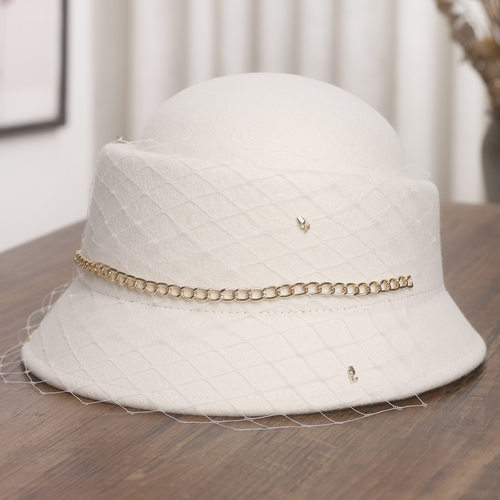 法式复古羊毛呢渔夫帽女秋冬赫本风气质优雅盆帽千金名媛网纱礼帽