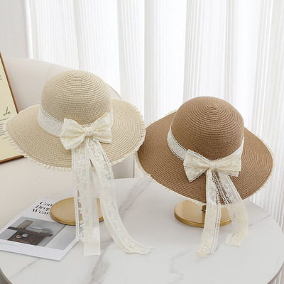 新款甜美大蝴蝶结遮阳草帽女时尚气质大帽檐太阳帽户外出行太阳帽