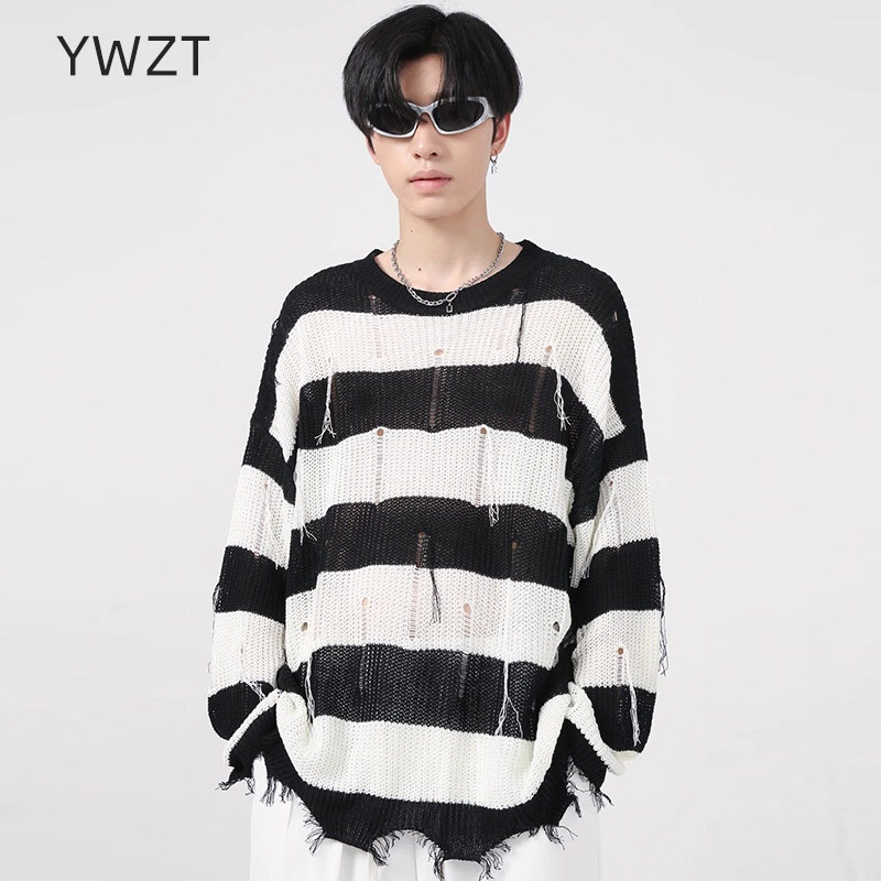 YWZT美式复古条纹流苏针织衫针织衫/毛衣