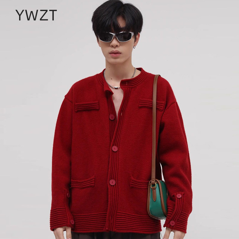 YWZT韩版慵懒风红色针织开衫男秋冬厚实宽松百搭毛衣外套