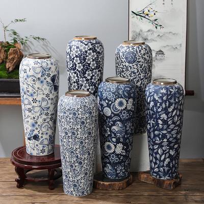 35CM高景德镇陶瓷青花花瓶家居摆饰样板房金边花器瘦罗卜手工花瓶