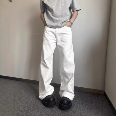 cleanfit白色弯刀牛仔裤男款美式高街vibe裤子高腰显瘦直筒