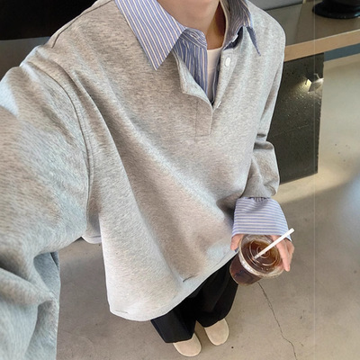 假两件衬衫男士秋季2024新款内搭叠穿长袖翻领亨利打底衫衬衣