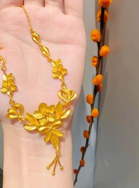新中式繁花似锦花朵黄金色项链