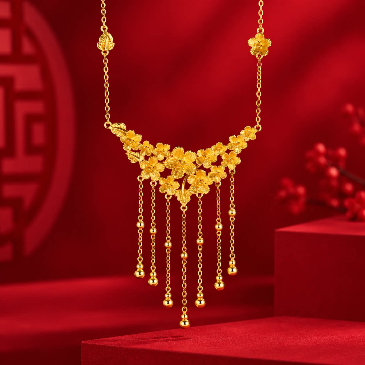 仿真黄金色婚嫁项链繁花葫芦结婚假三金花朵锁骨链镀金五金首饰女