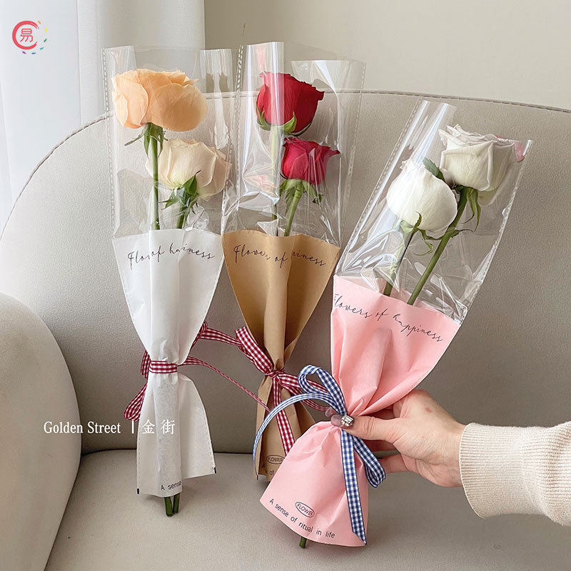 简约透明开窗直筒袋单支袋玫瑰花花束包装英文鲜花包花