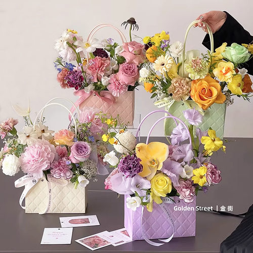 马卡龙色格纹手提袋花束鲜花手拎花盒包装材料母亲节