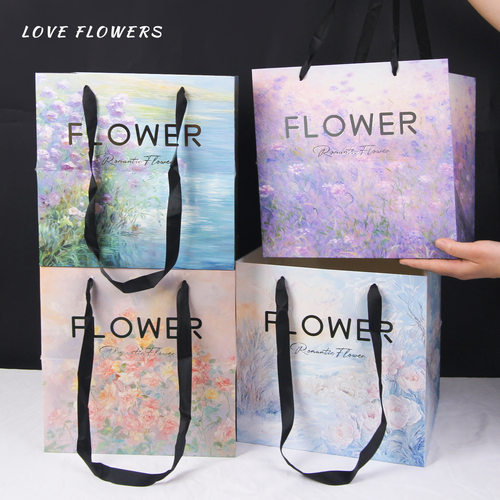 芳华烫金手提鲜花袋油画风方形插花礼品包装袋花店资材