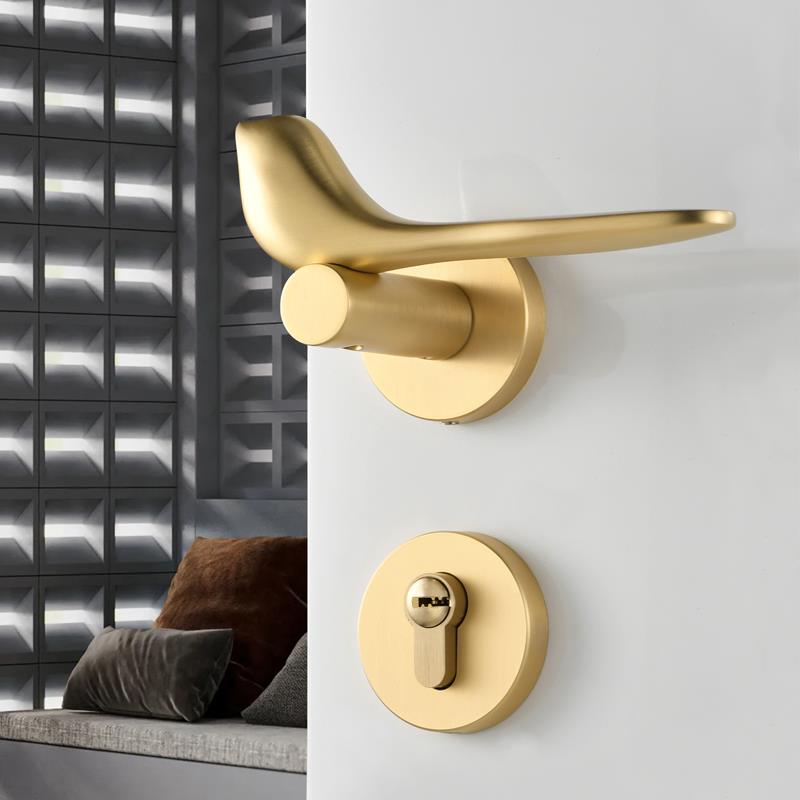 小鸟亮金铜拉丝金色亮铬轻奢分体套装简约美式卧室磁吸静音木门锁
