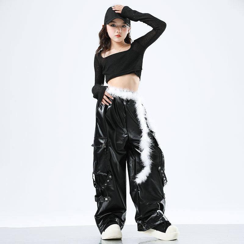 女童爵士舞套装女孩春秋潮酷嘻哈皮裤长袖连帽两件套jazz走秀服