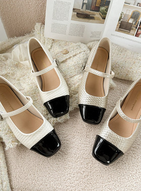 【维也娜老赵专享】SWL6922新款小香风拼接方头粗跟玛丽珍单鞋