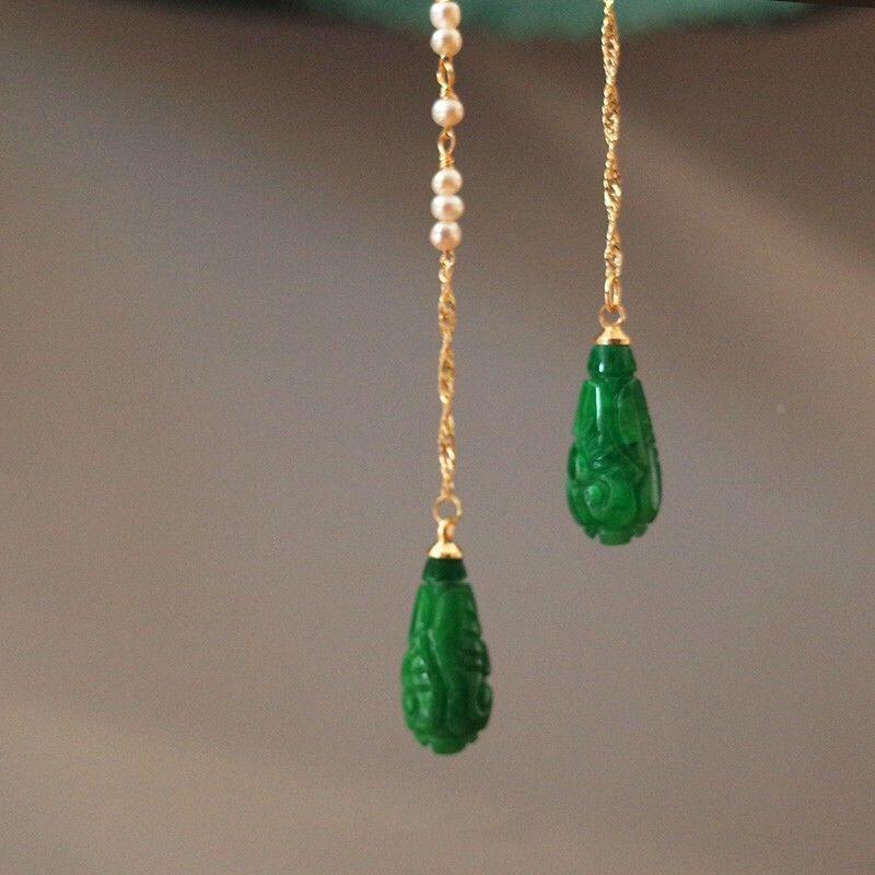 干青翡翠耳坠原创手作古风AB款翠水滴铁龙生925纯银长耳线单只