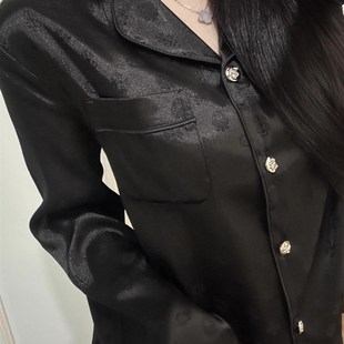 黑色高级感绸缎面冰丝睡衣女款 新款 法式 春秋款 家居服套 Q长袖 长裤