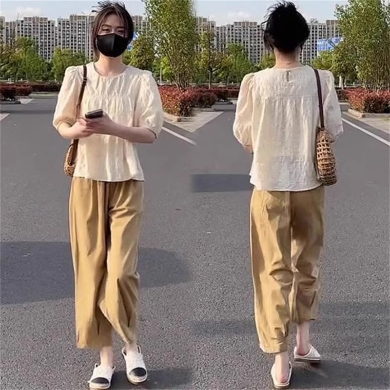 欧货小个子休g闲套装女夏季圆领泡泡袖褶皱娃娃衫阔腿九分裤两件
