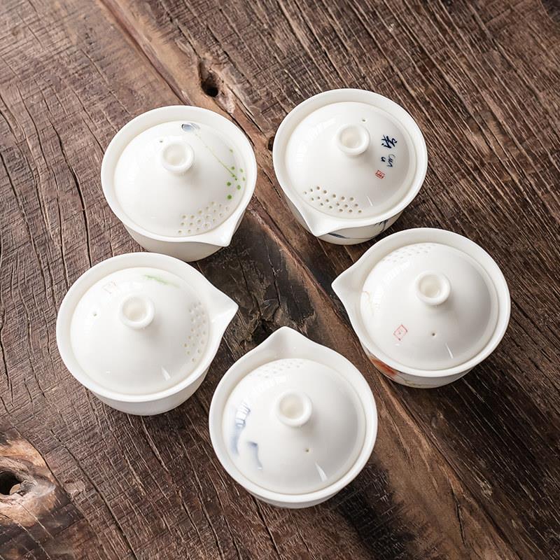 手绘羊脂GVD玉白瓷盖功碗茶单杯大型家用手抓壶陶瓷茶夫具防烫茶