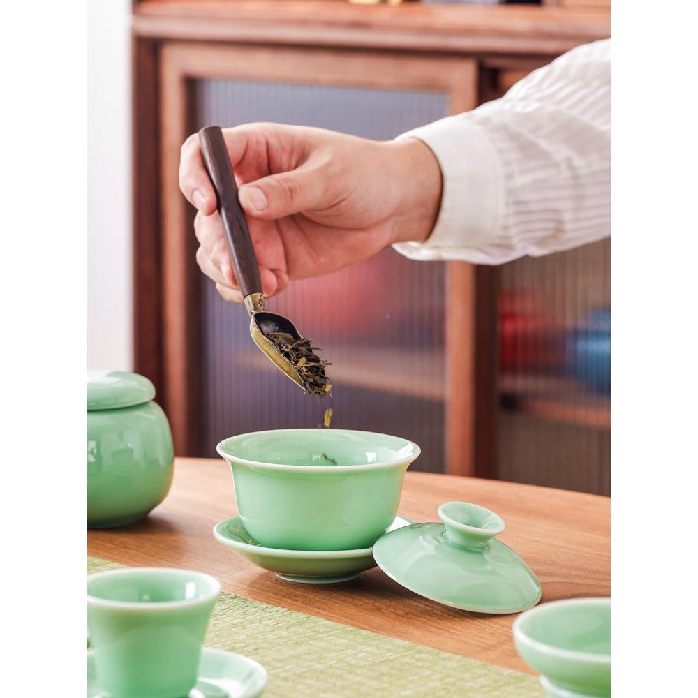 功夫茶具套装青瓷梅子青用办道RCY公简约家艺陶瓷泡茶茶壶盖碗茶