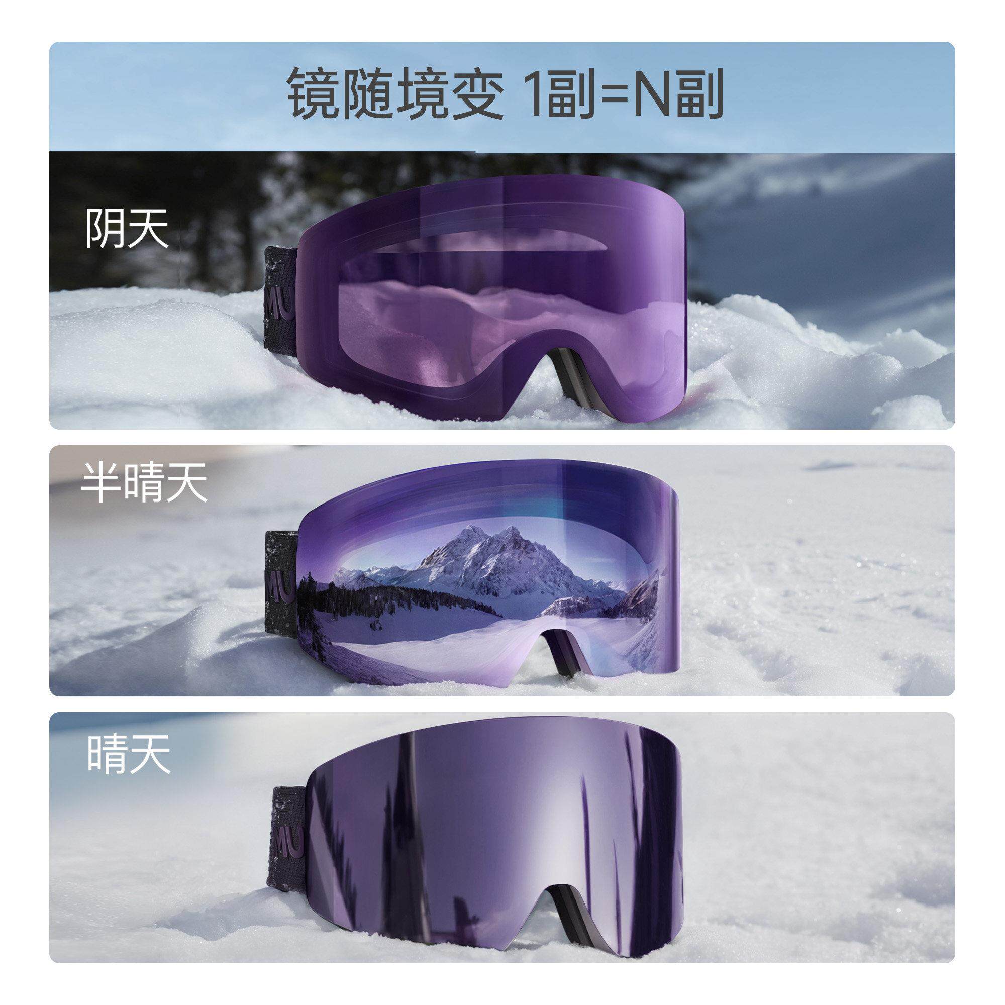 Uahxyj02my变色滑雪镜双近层磁吸女可戴眼镜视男防雾护目镜专用装