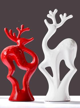 景装德镇陶瓷庆工艺摆动物梅花鹿结婚喜工艺品hm0170礼品酒件柜饰