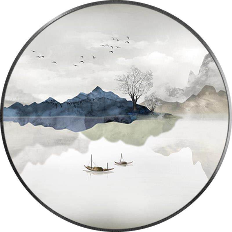 新中式圆形装饰画厅玄关灯画山画茶水2183室禅意挂画画水墨风景客