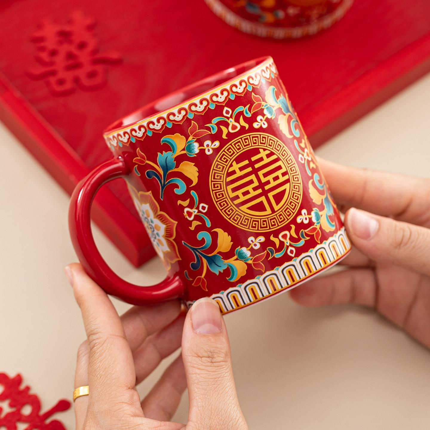 结婚珐嫁瑯用彩洗漱杯套装一对婚陪刷新牙杯陶瓷漱口杯子家品