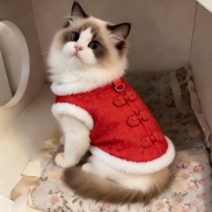 猫咪新年衣服红色盘扣棉衣冬装 加绒保暖小型宠物狗狗过年衣服加厚