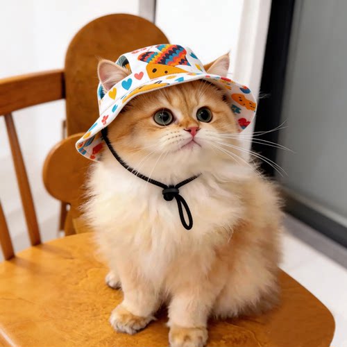 猫咪帽子露耳朵防晒渔夫帽夏季透气宠物狗狗户外专用遮阳帽可调节