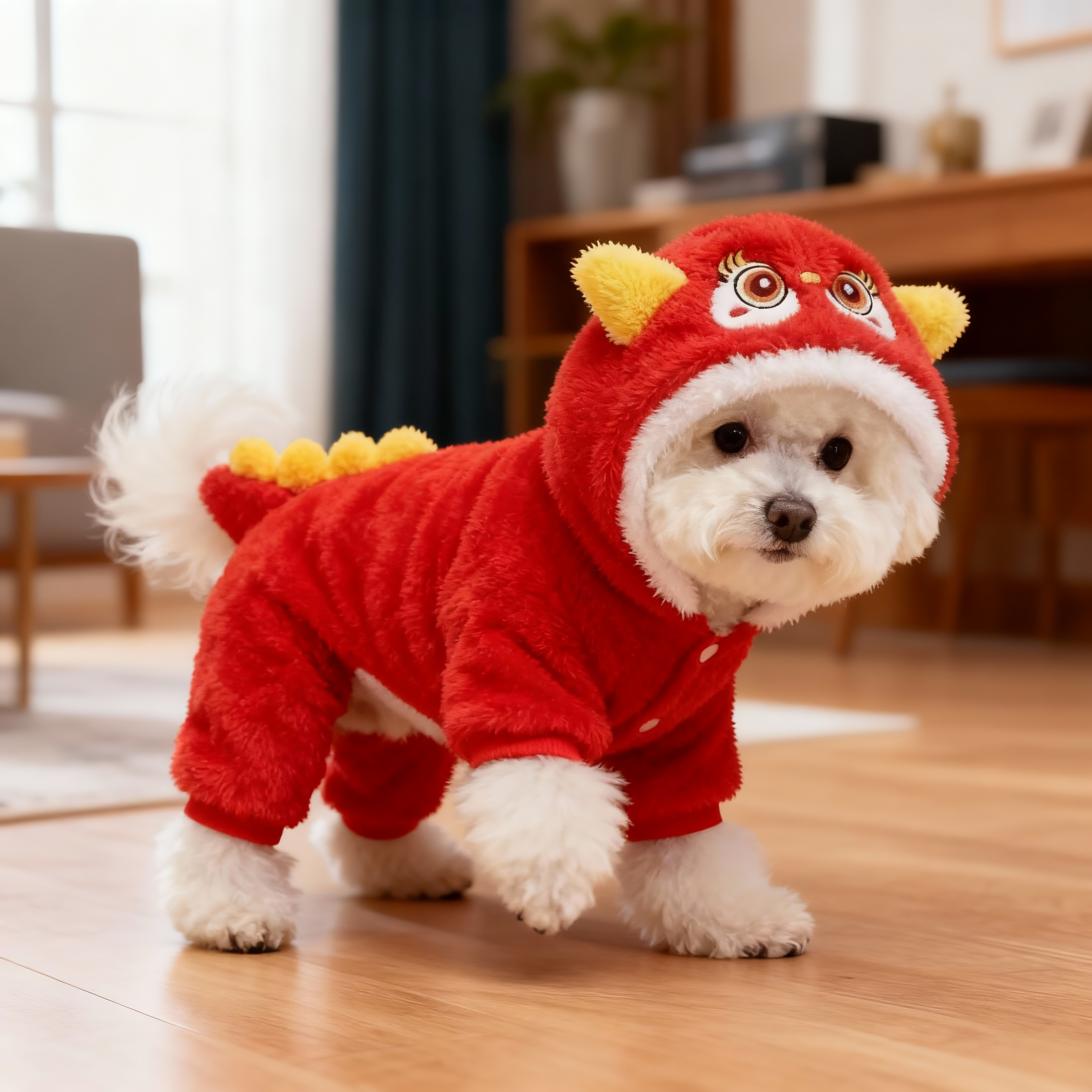 狗狗衣服冬季新年红狮装加绒加厚泰迪比熊宠物四脚衣喜庆圣诞服饰