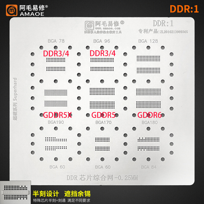 。DDR1/2/3/4/5X/GDDR6植锡网BGA190/180/170/128/96/84/78/60钢