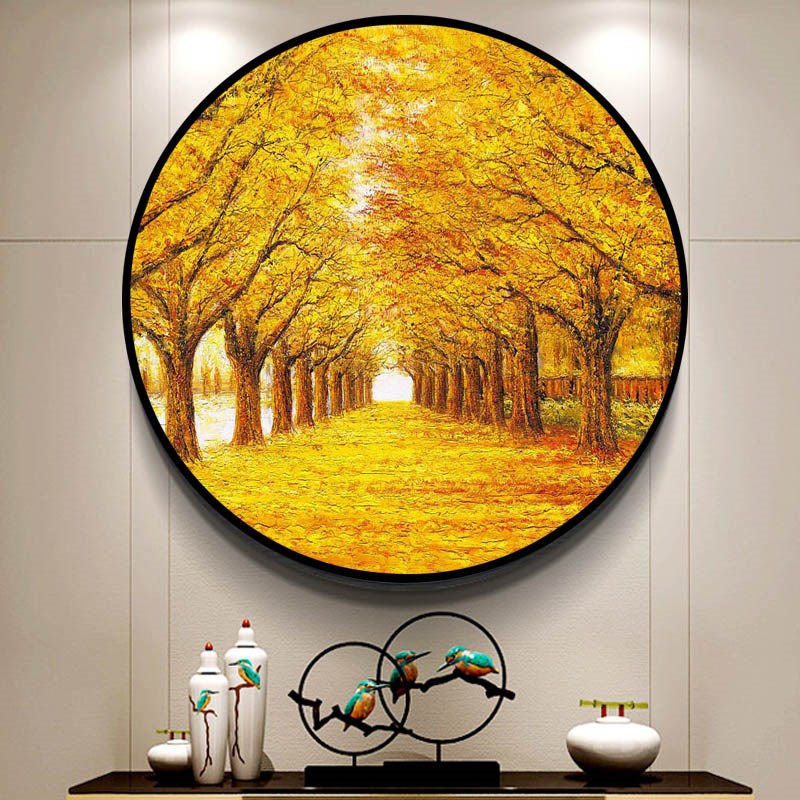 手绘油画 画发财树黄金大道满地有框圆形画 画竖版欧式玄关装饰画图片