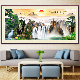 旭日东升壁画自粘油画布中式山水沙发背景墙贴客厅装饰画鸿运当头