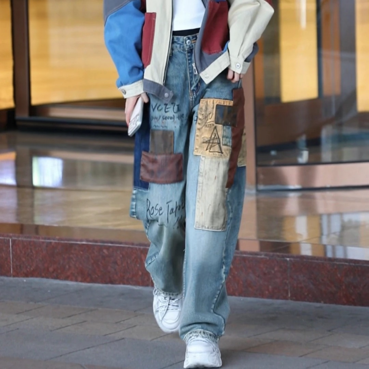 拼接贴布宽松男款阔腿牛仔裤