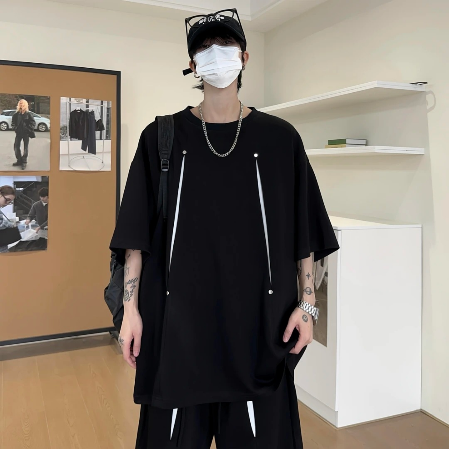 美式机车风铆钉短袖T恤宽松短裤男夏季洋气百搭潮流痞帅时尚套装